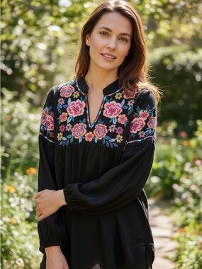 Savanna Jane Black Blouse with Embroidered Flowers